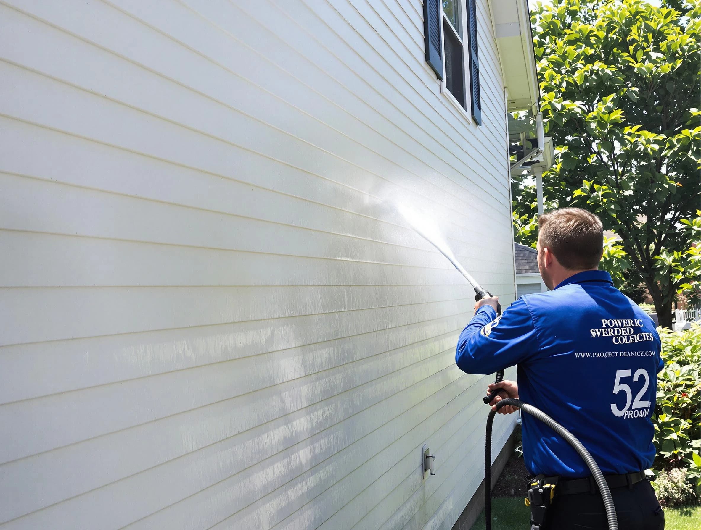 A Hudson Power Washing technician power washing a home in Hudson