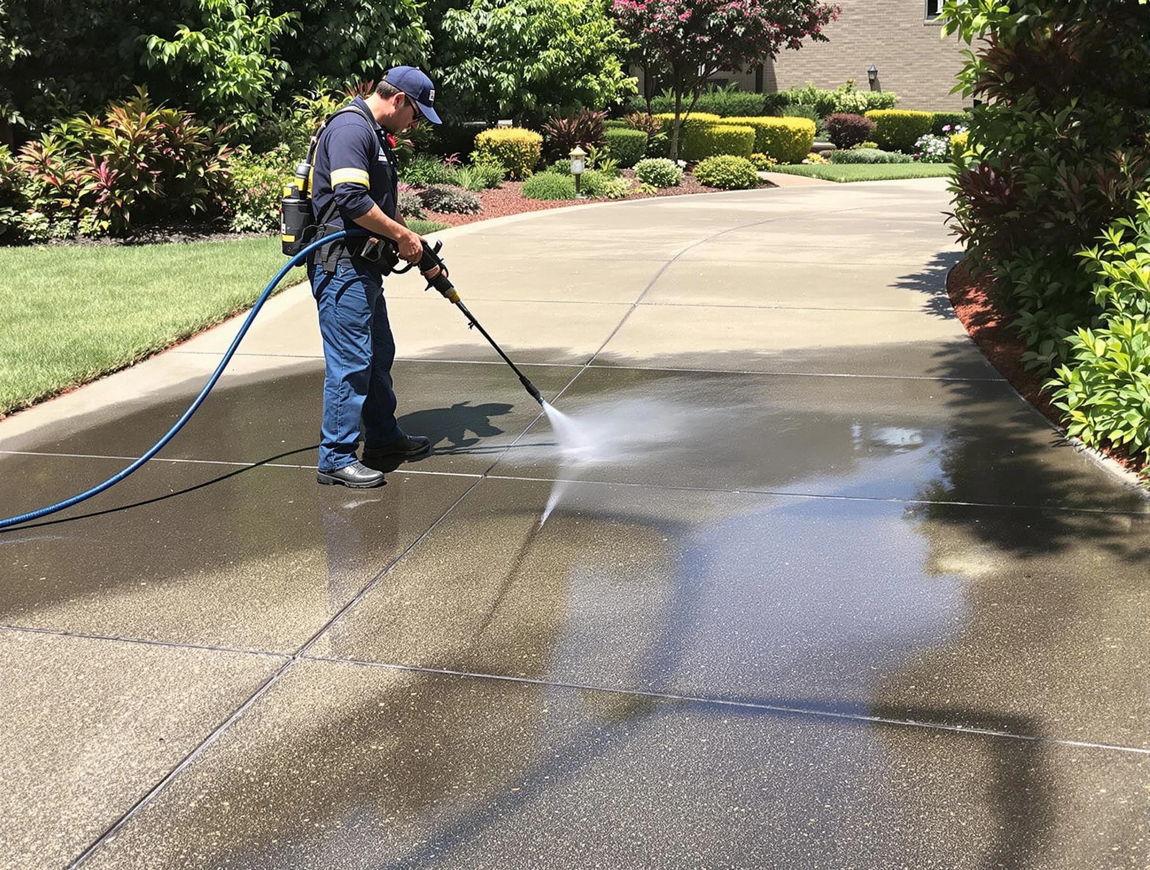 Experienced Hudson Power Washing team member pressure washing a driveway in Hudson